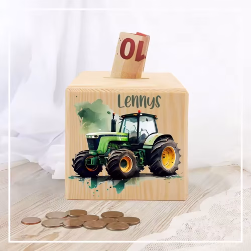 tirelire en bois tracteur vert