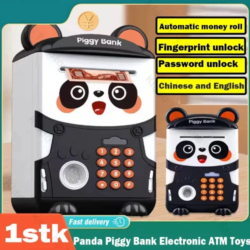 Panda Piggy Bank Cartoon Money Box Fingerprint Password Automatic Induction Roll Simulation Electronic ATM Toys for Kids Xmas